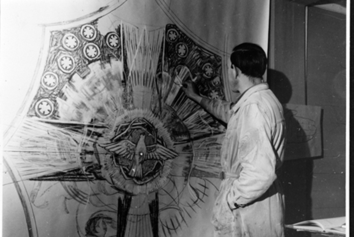 Anno Domkirkeodden, HAMAR DOMKIRKE, RESTAURERING, ARVE HAGEN, SKISSE TAKDEKOR, 28. JULI 1953