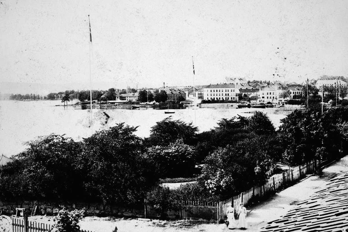 Anno Domkirkeodden, Hamar, Strandgatehagene før utbygging av Dovrebanen. Hamarbukta, havna, kanalen, mjøsbåter, mjøsjakter, bebyggelsen i Lille Strandgate, Datert 1890. (Påskrevet med blyant)