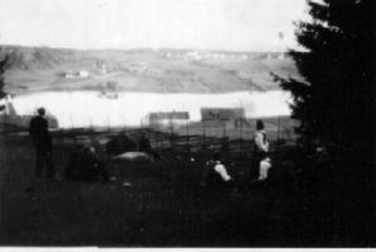 Anno Domkirkeodden, Bryllup på Hovelsrud, Stavsjø. Utsikt fra Hovelsrud mot Stavsjøen. Noen av bryllupsgjestene beundrer utsikten. Brudeparet er Mons Kongsrud (1911-1974) og datter på gården Margit Lien f.1920.