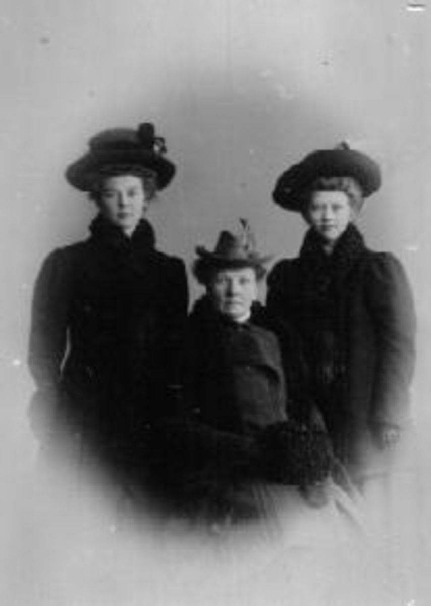 Anno Domkirkeodden, Portrett av 3 damer. Pauline Sannerud f.1890 og Ingeborg Sannerud (1892-1988). Foran er ukjent. Sannerud en plass under Grefsheim, Nes, Hedmark.