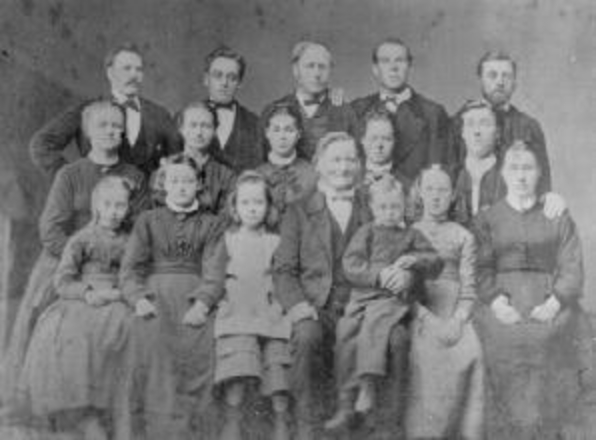 Anno Domkirkeodden, Nils Johannesen Staff (1801-1878) med barn, barnebarn og svigerbarn. Bakerst fra venstre er Ole f.1846, Karl f.1852, Johannes f.1840 (gift med Gine Olsdatter), Emil f.1854, Lars Mathiasen Østerhagen f.1845. I midten fra venstre er Berte f.1838, Gina f.1842, Gine Olsdatter Engeskaug f.1846 (gift med…