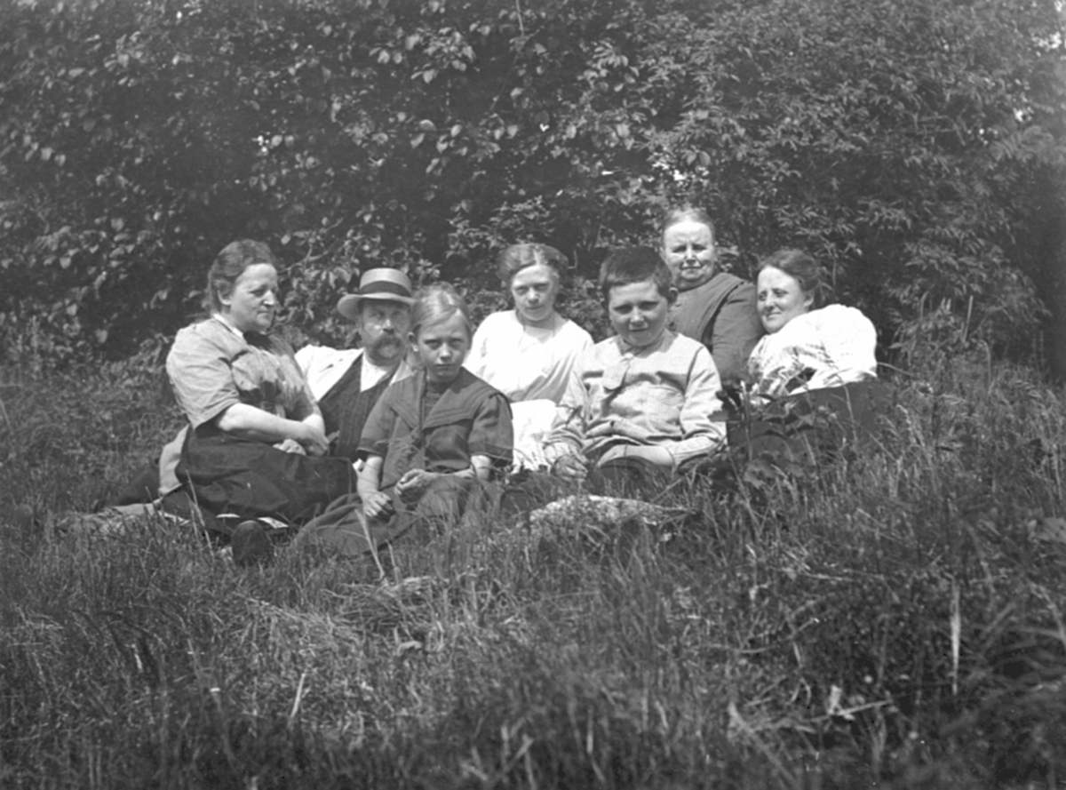 Anno Domkirkeodden, Fire voksne og tre barn sitter i gresset. "Paa Stein", Ringsaker.