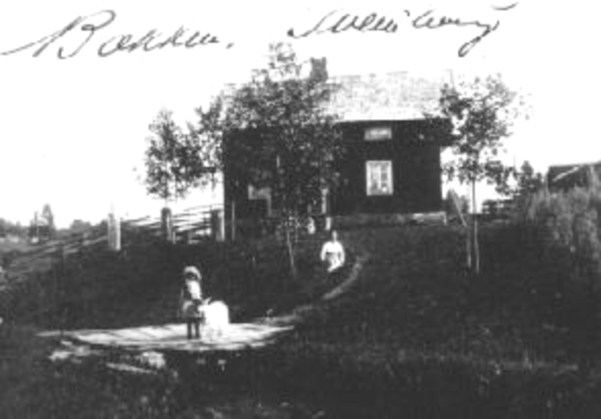 Anno Domkirkeodden, Eksteriør, husmannsplassen Bækken, under Sveinhaug gård, Ringsaker. Jente med geit og eldre par foran huset.