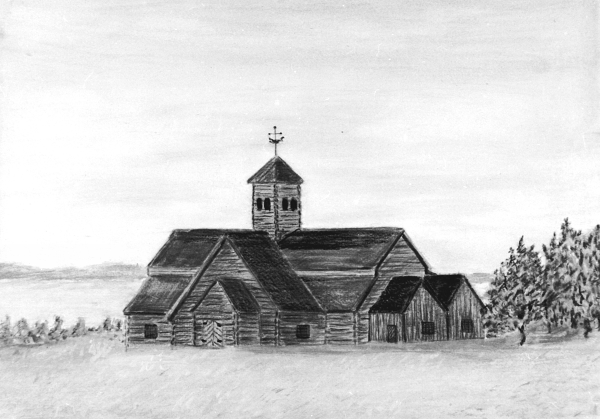 Anno Domkirkeodden, Baldishoel kirke, Nes, Hedmark. Maleri av Bjørn Gjøvik etter tegning av Gerhard Evensen Mengshoel fra 1869. Siste gudstjeneste ble holdt 3. mars 1878. Rivingen startet 13. mars 1878.