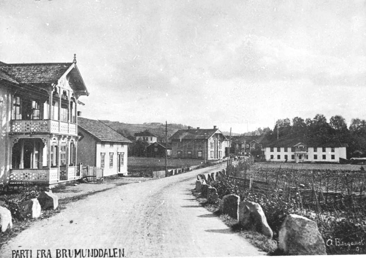 Anno Domkirkeodden, Brumunddal sentrum, Furnesvegen. Til venstre er Broberg, Jevne, Helgeby. Midten er Heimdal. Til høyre er Øverbakken, Brumunddal hotell.