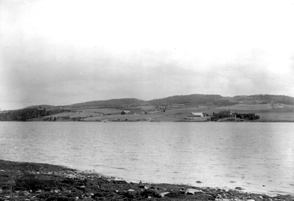 Anno Domkirkeodden, Utsikt fra Nes mot Helgøya og Toftes Gave. Mjøsbåt i Nessundet. Dette er trolig kong Oscar med sine to piper. Skibladner hadde også 2 piper men bare til den ble ombygget med ny maskin i 1888.