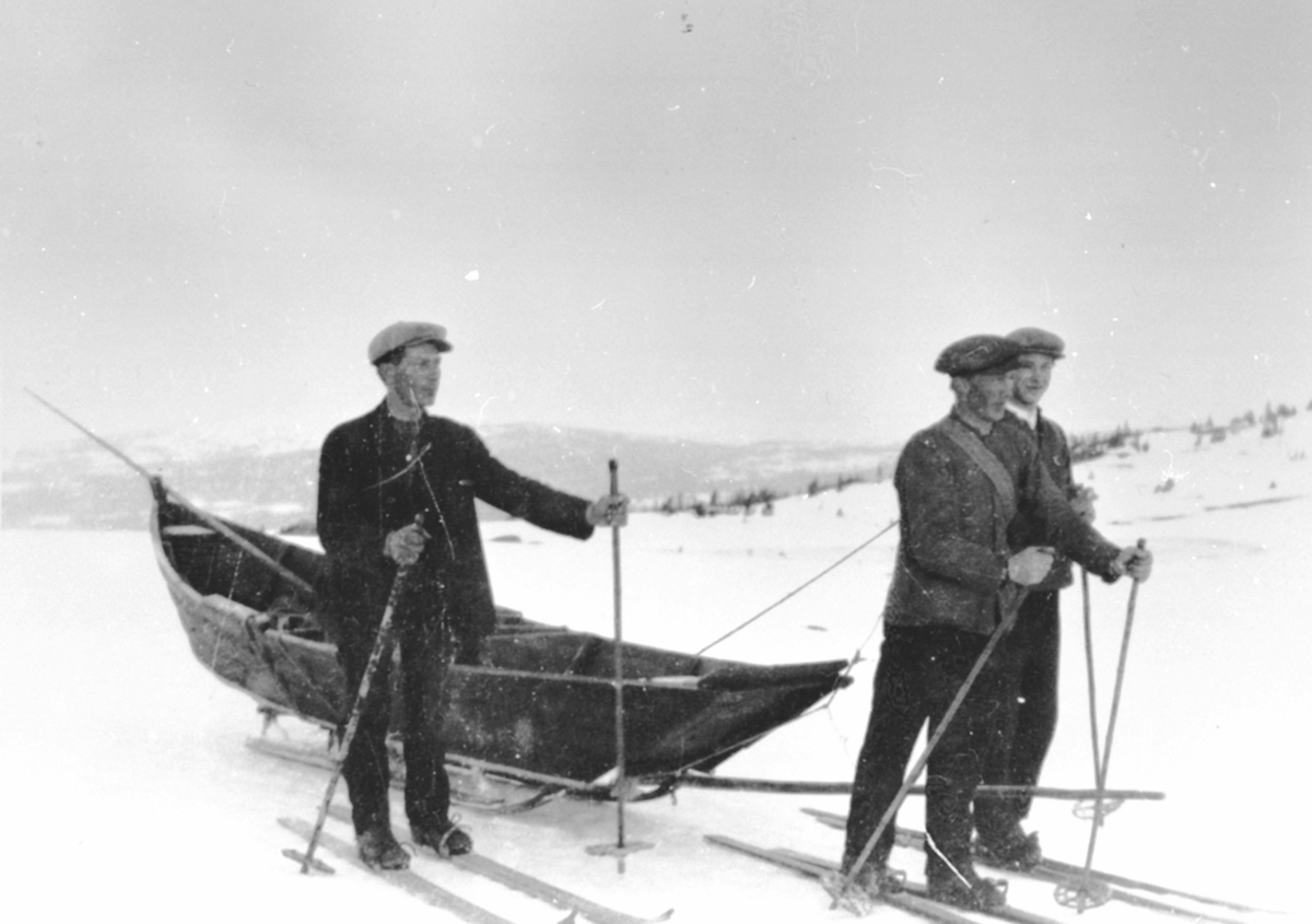 Anno Domkirkeodden, Transport av åfløye til Øyongen, Ringsakerfjellet. Fra venstre er Johannes Arnestad, Johan Vangen, Martin Vangen.