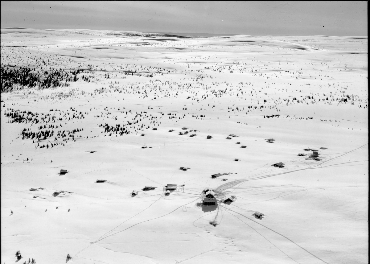 Widerøes Flyveselskap A/S, Flyfoto av Sjusjøen, Ringsaker, oversikt fra stor høyde. Vinter.