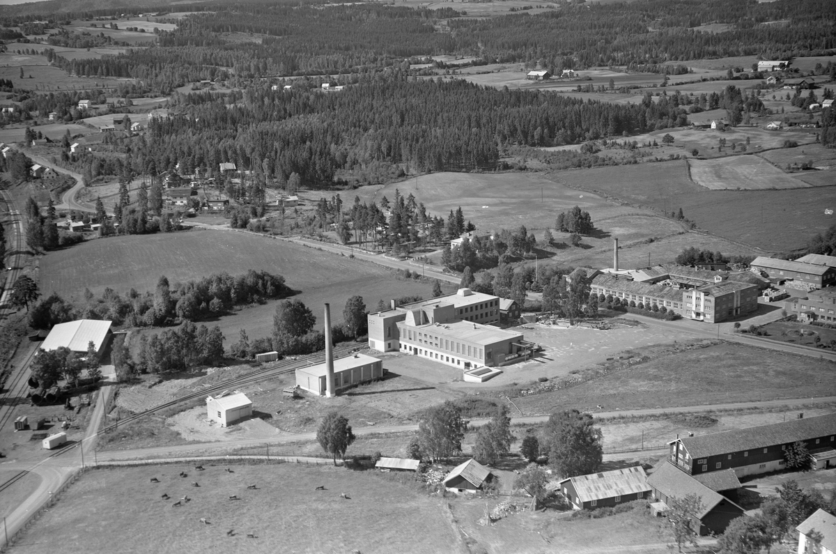 Anno Domkirkeodden, Flyfoto av Hedmark Tørrmelk, Nora fabrikker, Brumunddal. Gårdene Breskerud, Ånnerud, Jemtland.