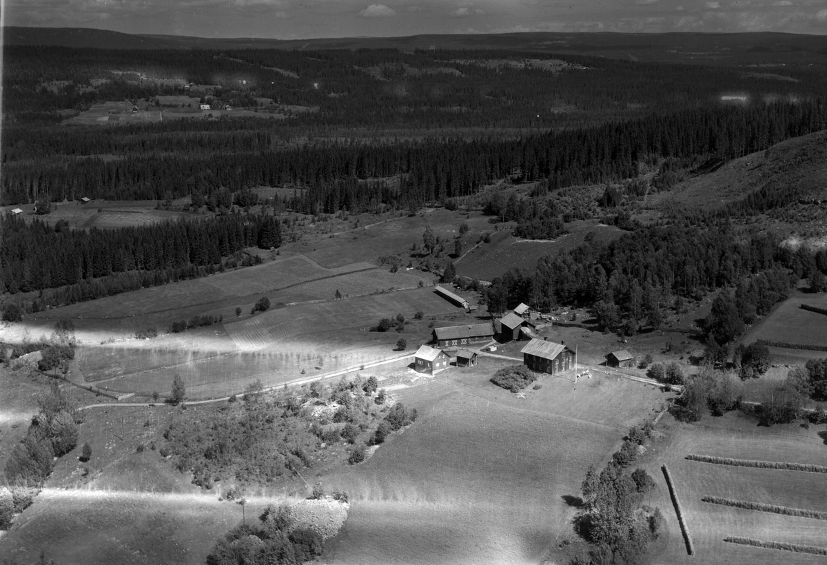Widerøes Flyveselskap A/S, Flyfoto av ukjent gard, Åsmarka, Ringsaker. Skade på negativ.