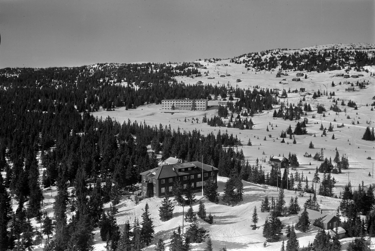 Widerøes Flyveselskap A/S, Flyfoto av bebyggelse i vinterlandskap på Sjusjøen, Ringsaker Almenning.
