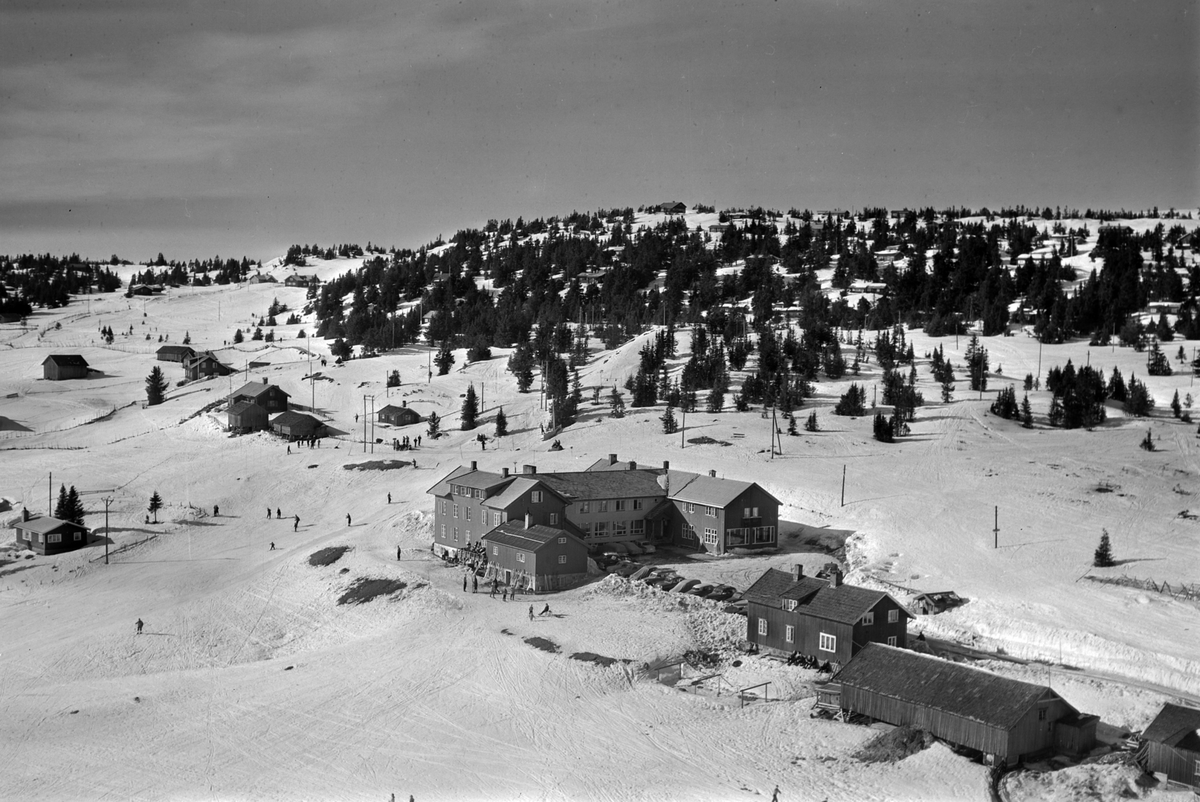 Widerøes Flyveselskap A/S, Flyfoto av bebyggelse i vinterlandskap på Sjusjøen, Ringsaker Almenning.