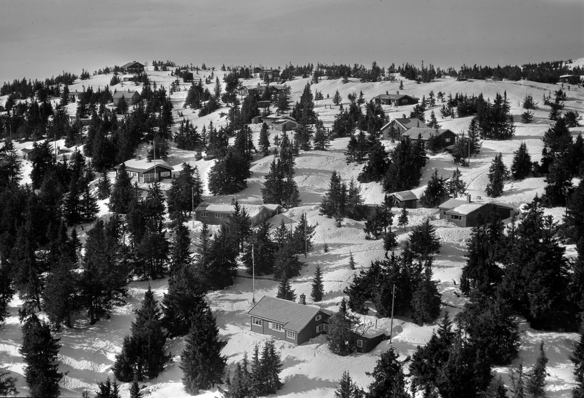 Widerøes Flyveselskap A/S, Flyfoto av bebyggelse i vinterlandskap på Sjusjøen, Ringsaker Almenning.