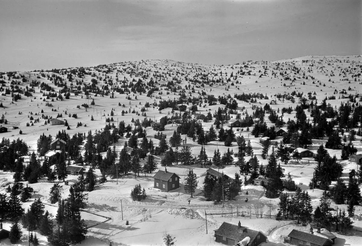 Widerøes Flyveselskap A/S, Flyfoto av bebyggelse i vinterlandskap på Sjusjøen, Ringsaker Almenning.