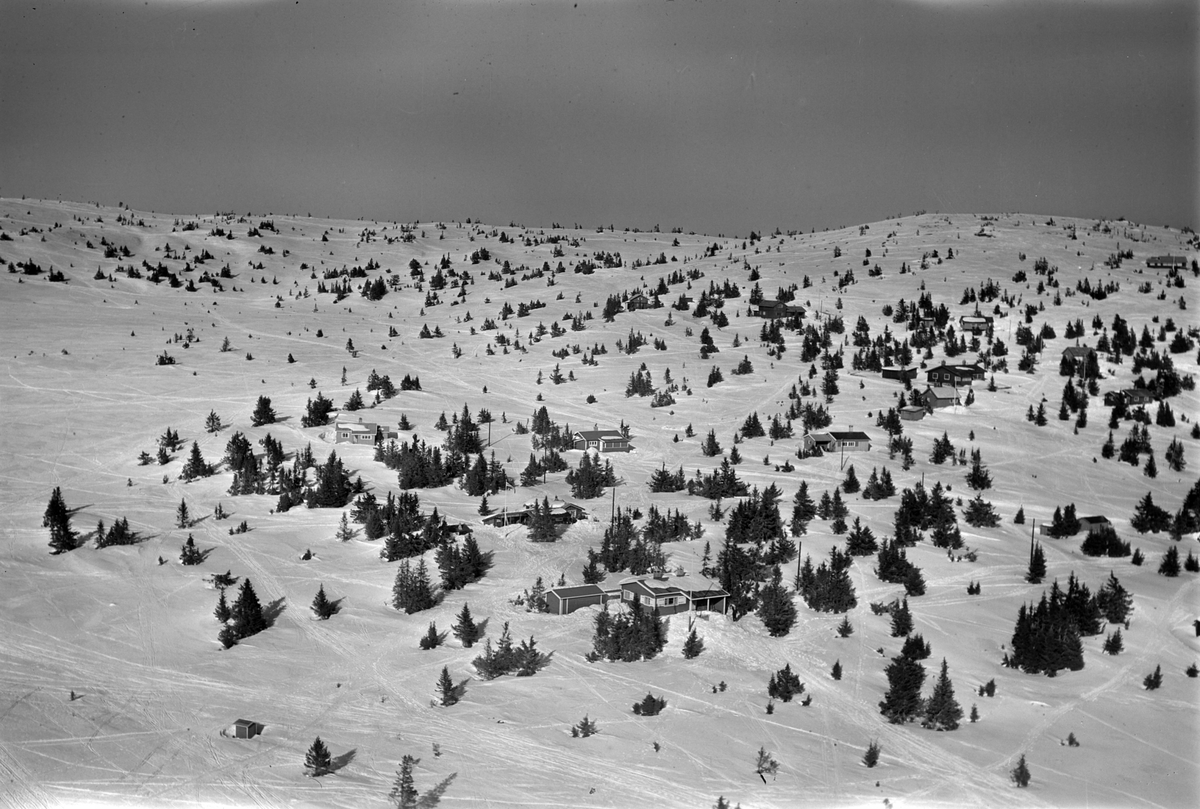 Widerøes Flyveselskap A/S, Flyfoto av bebyggelse i vinterlandskap på Sjusjøen, Ringsaker Almenning.