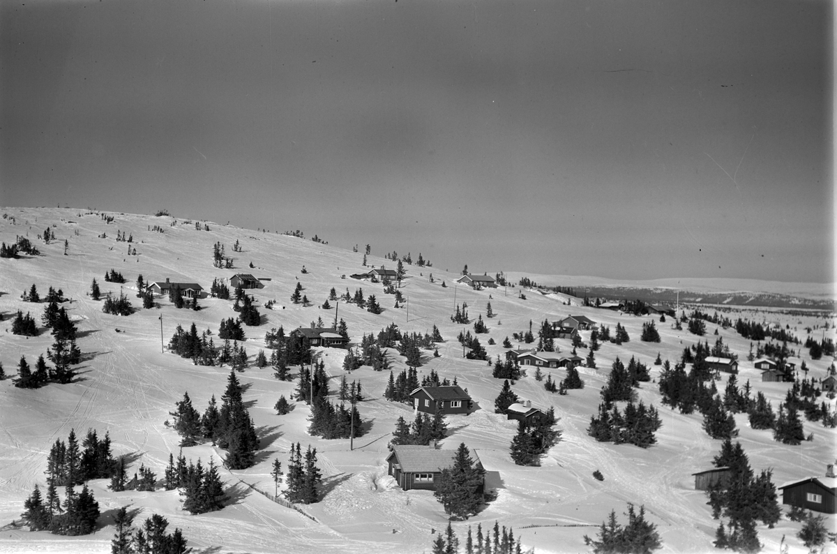 Widerøes Flyveselskap A/S, Flyfoto av bebyggelse i vinterlandskap på Sjusjøen, Ringsaker Almenning.