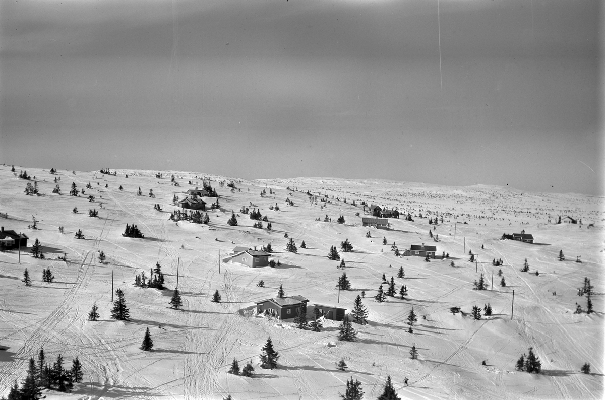 Widerøes Flyveselskap A/S, Flyfoto av bebyggelse i vinterlandskap på Sjusjøen, Ringsaker Almenning.