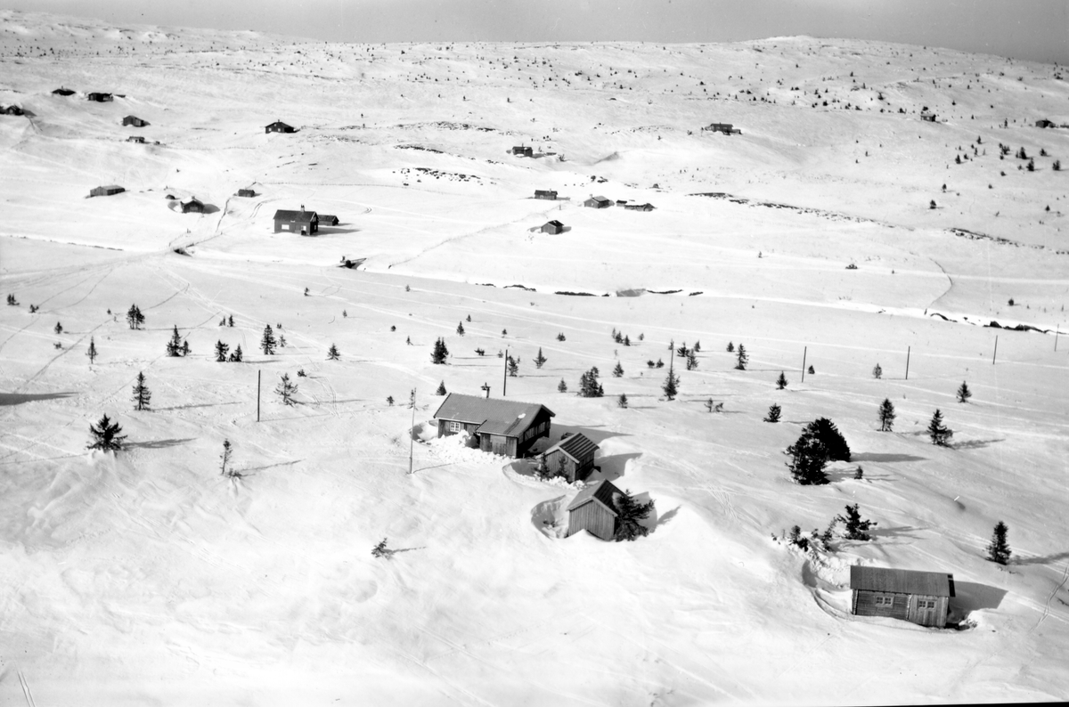 Widerøes Flyveselskap A/S, Flyfoto av bebyggelse i vinterlandskap på Sjusjøen, Ringsaker Almenning.