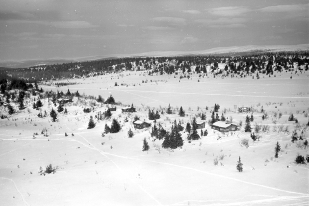 Widerøes Flyveselskap A/S, Flyfoto av bebyggelse i vinterlandskap på Ljøsheim, Ringsaker Almenning.