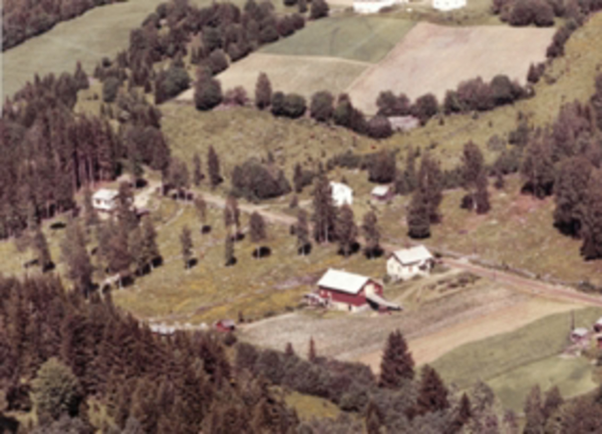 Widerøes Flyveselskap A/S, Flyfoto av Nyland, Furnes, Ringsaker. Pinnerudbakken i øvre bildekant.