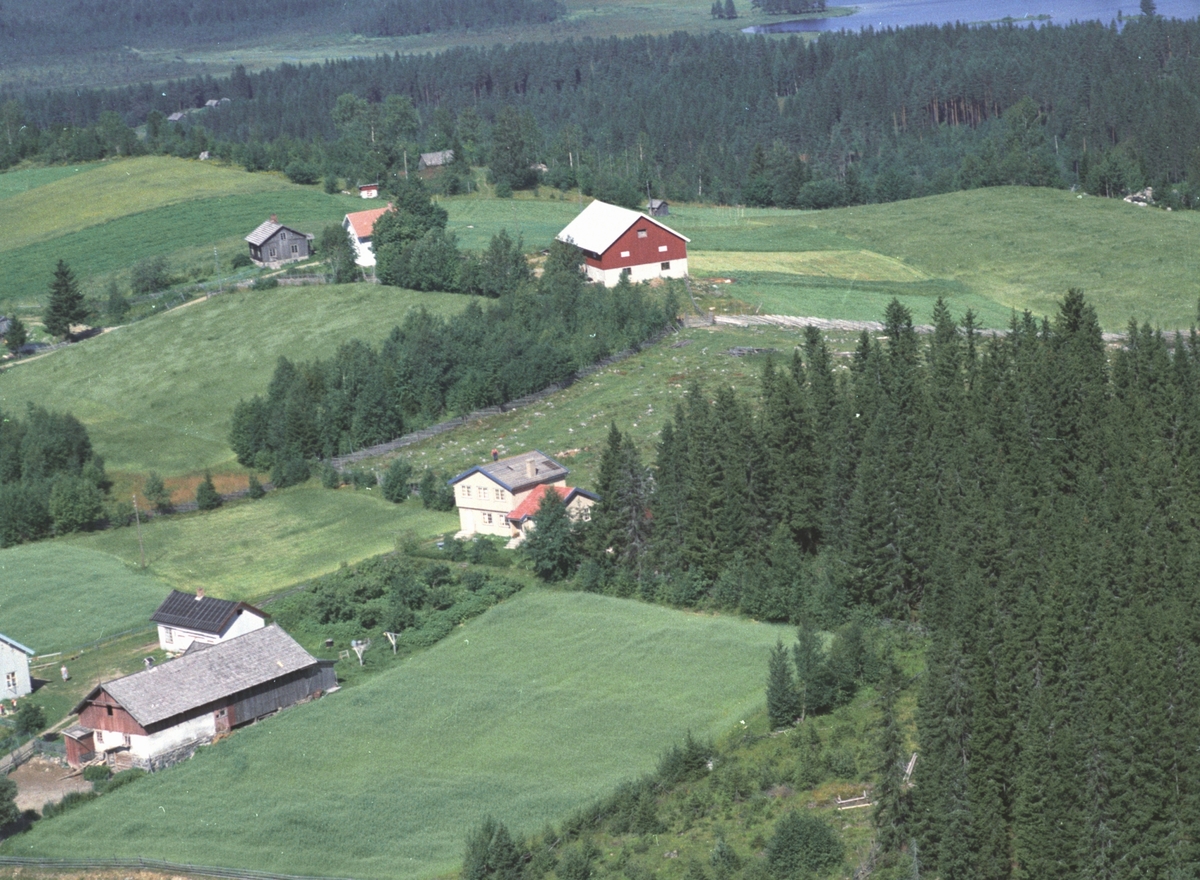 Widerøes Flyveselskap A/S, Flyfoto, Nyborg, Brøttum, Ringsaker, flere gardsbruk.