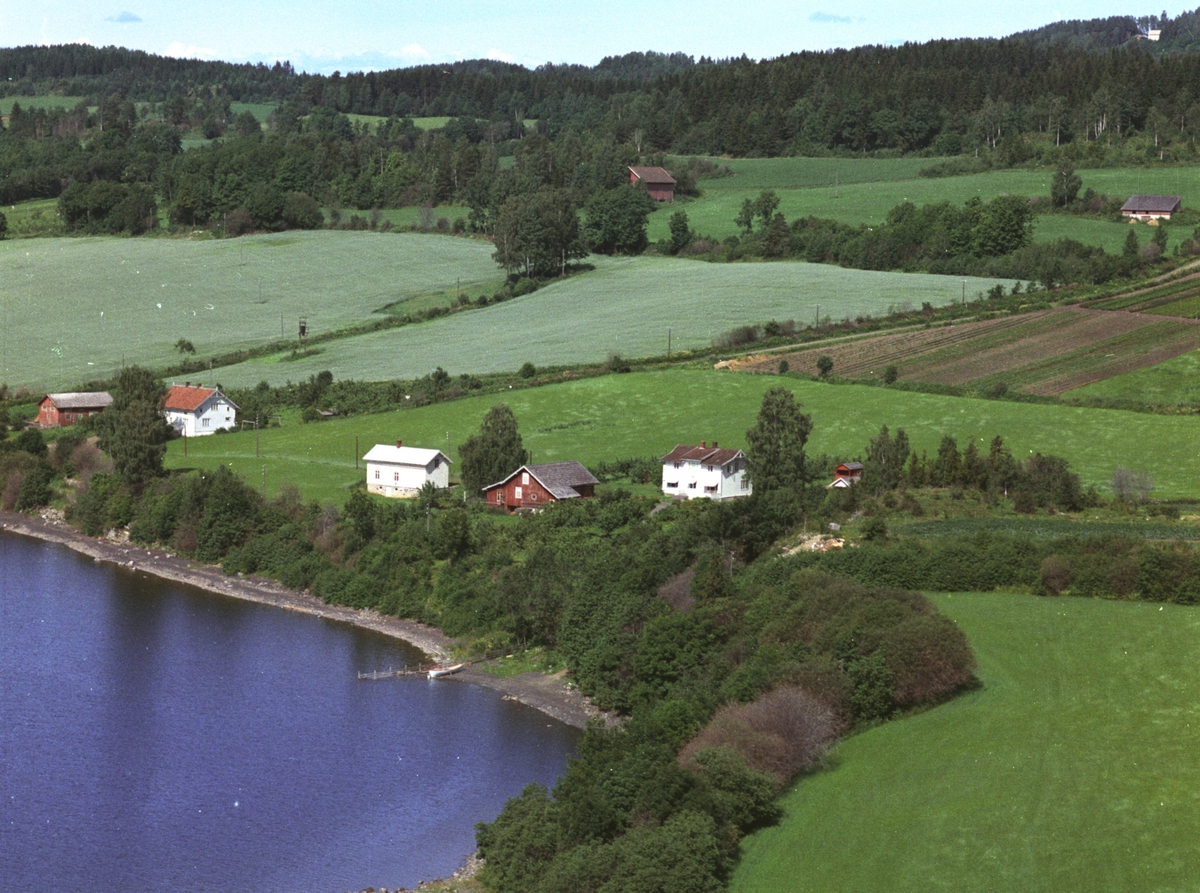 Widerøes Flyveselskap A/S, Flyfoto, småbruk, Mjøsa, Hagelund, Nes, Hedmark.