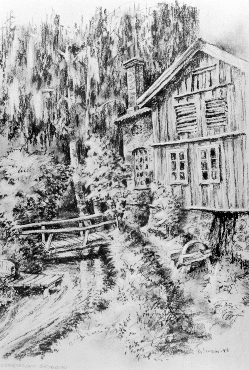 Anno Domkirkeodden, Eksteriør, kvernveita, gamle Nerkvern bryggeri, Brumunddal, Ringsaker, tegning av Per Sameien.