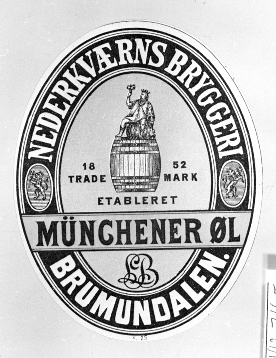 Anno Domkirkeodden, Etikett for flaskeøl, munchenerøl, Nederkværns Bryggeri, etablert 1852, Nederkværn, Brumunddal, Ringsaker.
