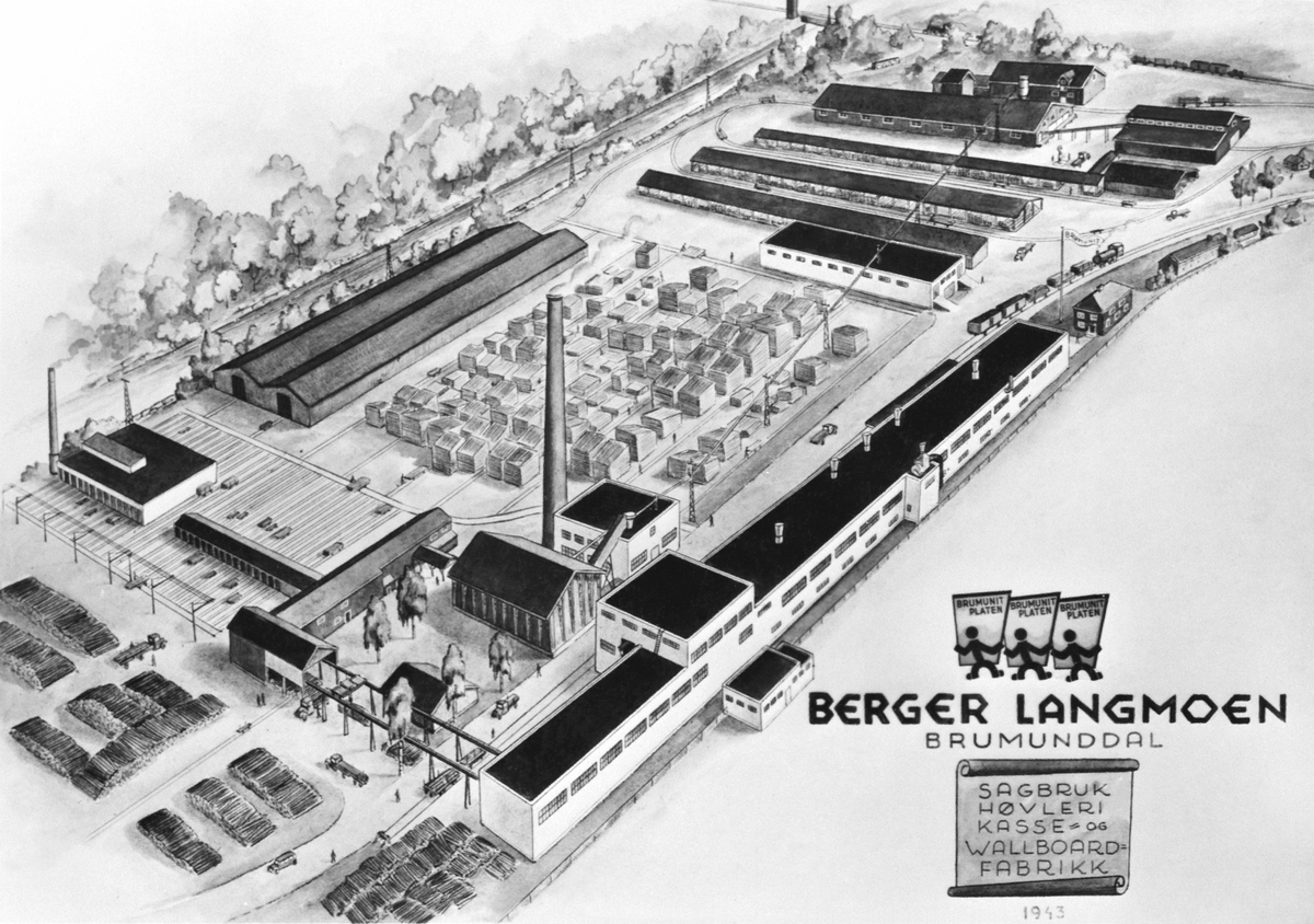 Anno Domkirkeodden, Tegning av fabrikkområdet, Berger Langmoen A/S, Brumunddal.