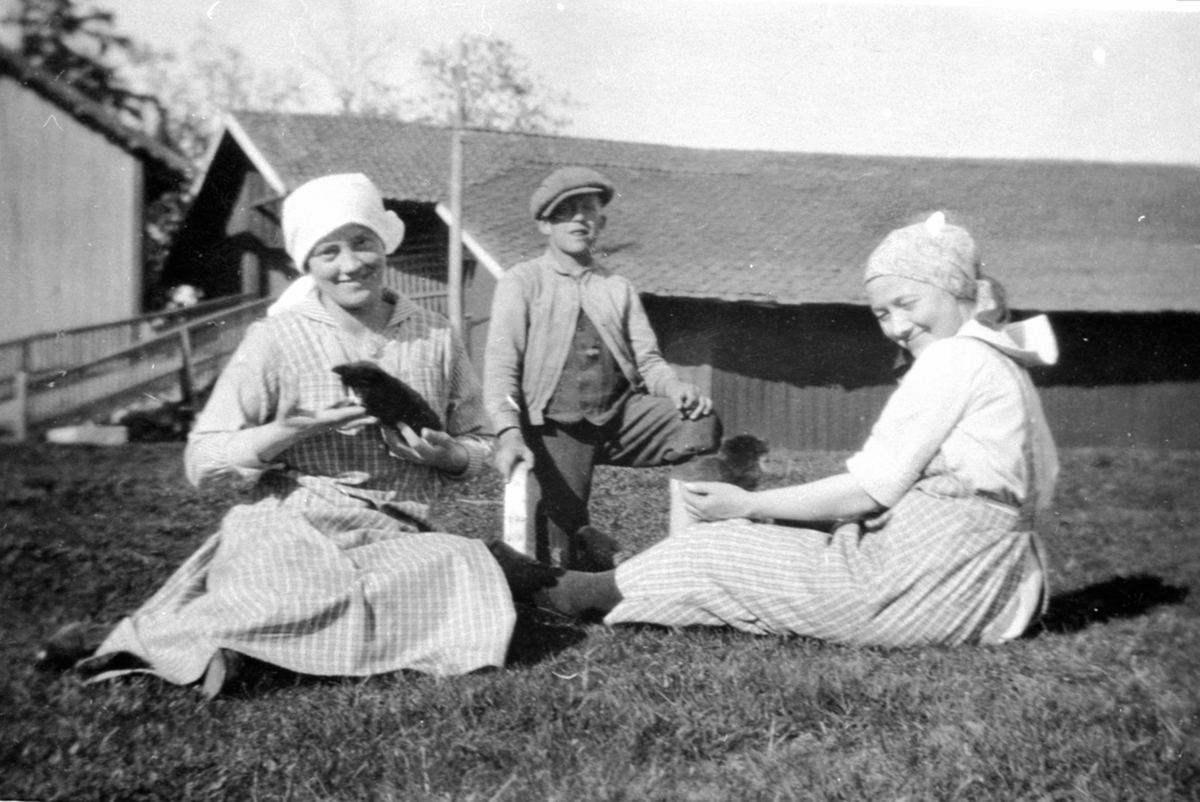 Anno Domkirkeodden, Tjenestefolk på Nerkvern gård, Brumunddal. Fra venstre Mina, ukjent gutt, Anna. Med kattunger.
