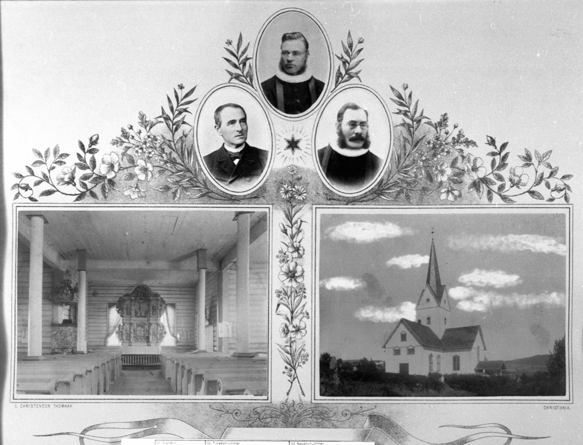 Anno Domkirkeodden, Fotomontasje. Veldre kirke, Ringsaker. Eksteriør og interiør. Portrett av tre prester. Reinert Svendsen, Krogh, Heffermehl.