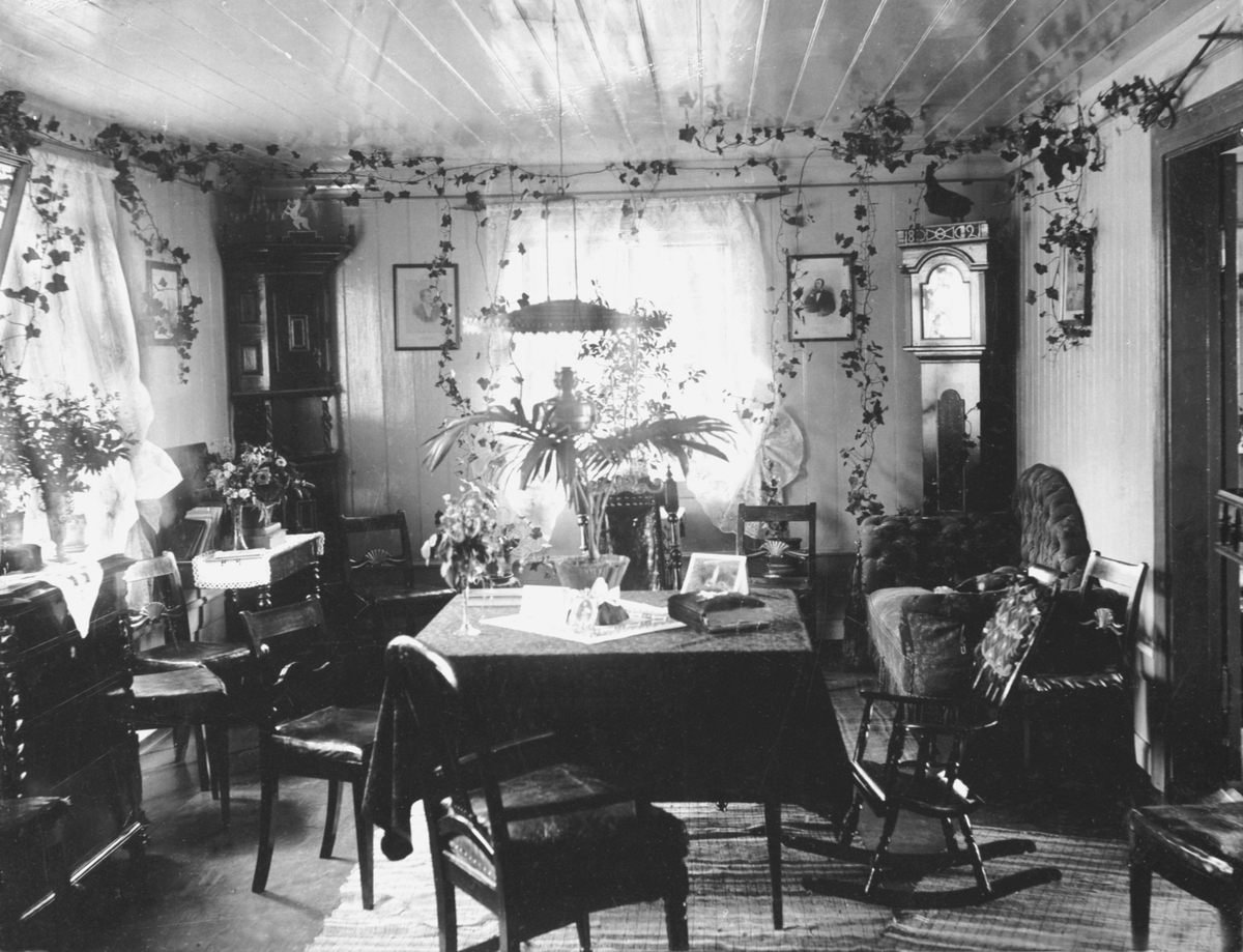 Anno Domkirkeodden, Interiør, stue, møbler, blomster, Tokstad gård, Veldre, Ringsaker.