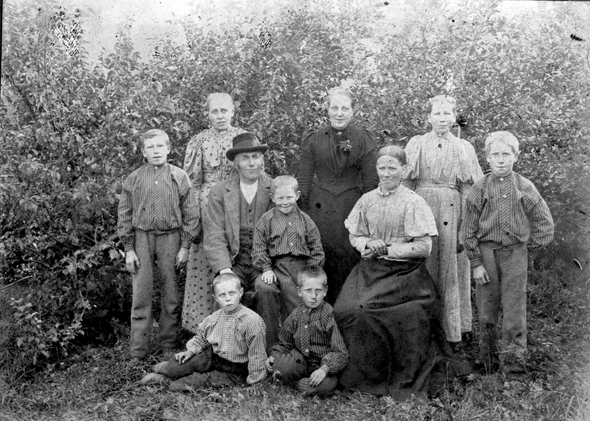Anno Domkirkeodden, Familien Høsbjør. Fra venstre er Lars A. Høsbjør, Ales Høsbjør. Forna er Arnt Finstad, far Anders Høsbjør, Einar Høsbjør. Foran til høyre Alfred Høsbjør. Bak i midten er Marie Høsbjør, mor Eli Høsbjør, Mina Høsbjør, Ole Høsbjør, Høsbjør østre, Furnes, Ringsaker.