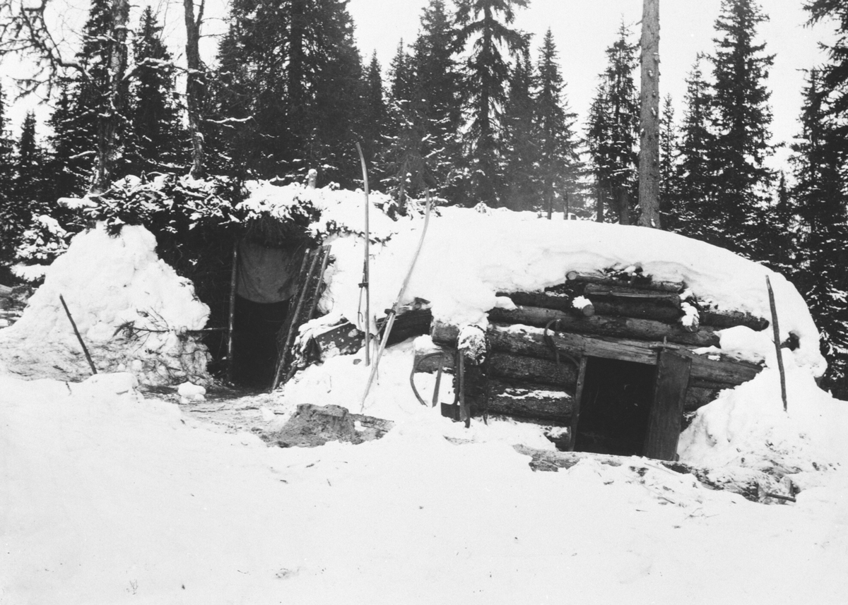Anno Domkirkeodden, Eksteriør. Torvkledd tømmerkoie i Åstadalen, Ringsakerfjellet med stall. Trolig brukt av skogsarbeidere.