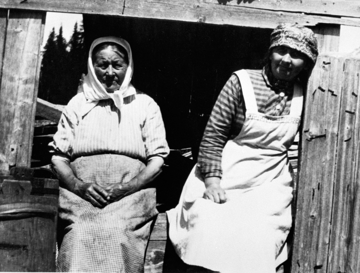 Anno Domkirkeodden, 2 budeier, Alf Prøysens mormor Mathea Kristiansdatter og ukjent. Gammelskolla seter, Ringsakerfjellet.