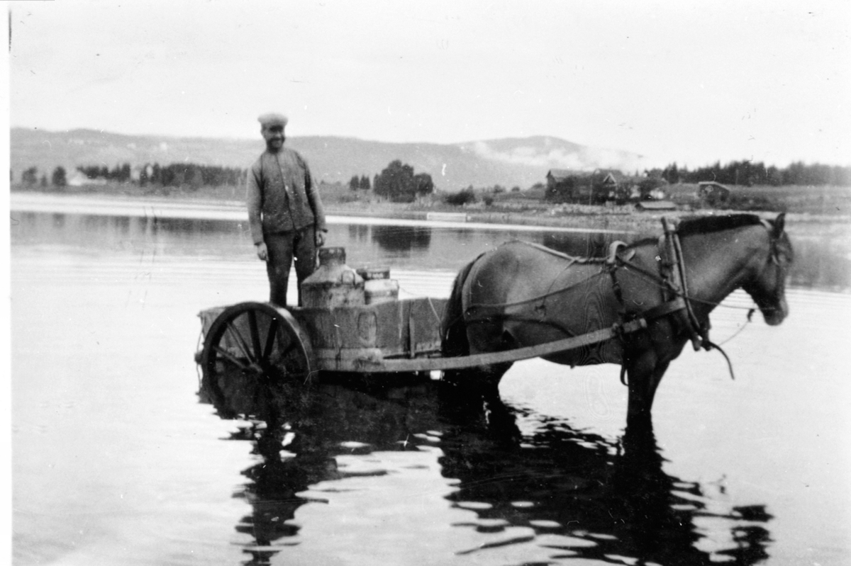 Anno Domkirkeodden, Nils Sørbo (1888-1970) henter vann i melkespann fra Mjøsa med hest og stuttkjerre. Bakkom, Mengshoel, Nes, Hedmark. Tangnes i bakgrunnen.