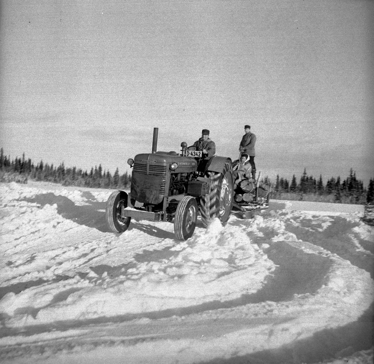 Anno Domkirkeodden, Tømmertransport med International traktor, D-4342. Folk på lasset. Berger Langmoen A/S. Ringsaker.
