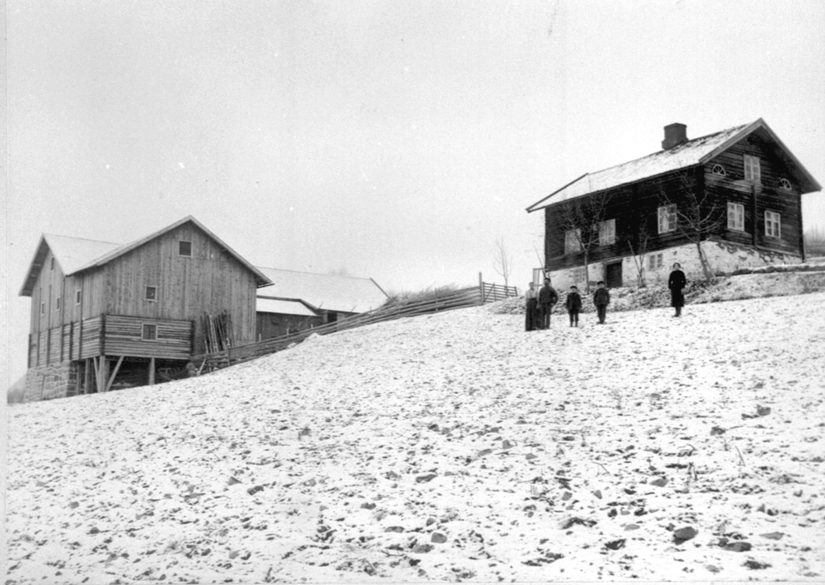 Anno Domkirkeodden, Afsett øvre, Næroset, Ringsaker. Låve og hovedbygning. Foran huset er fra venstre Eli Dahl, Johs Dahl, Helmer Dahl Afseth, Jørgen Dahl Afseth, Oline Johannesdatter Dahl.