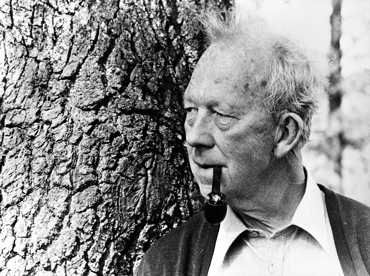 Anno Domkirkeodden, Portrett av forfatter Nils Johan Rud (1908-1993) som var oppvokst på Hamar, med pipe, her i Asker.