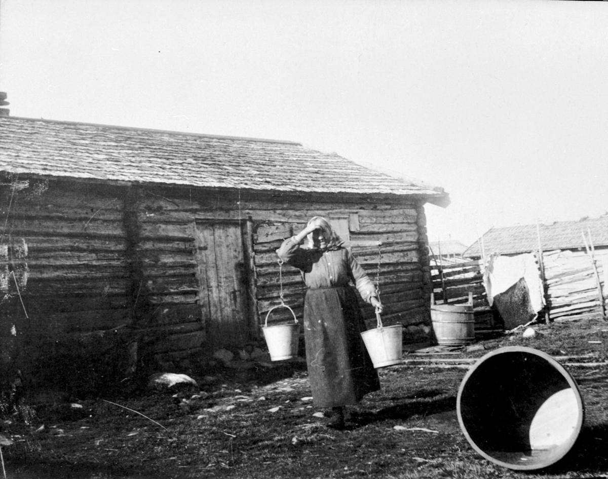Anno Domkirkeodden, Svennerud, Helgøya sin seter på Stenstilen i Ringsaker Almenning. Budeie med vassåk og 2 bøtter.