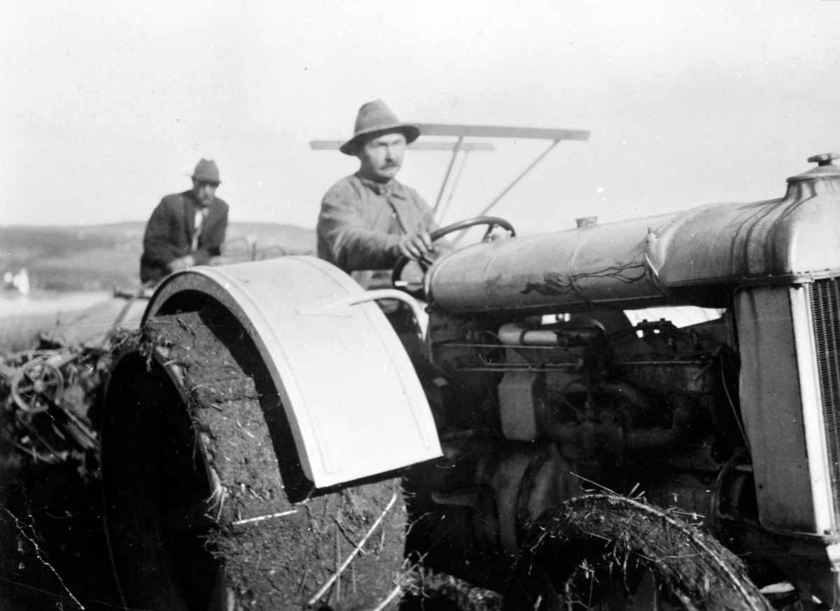 Anno Domkirkeodden, Adolf Martiniusen Solheim f.1877, kjører jerntraktor med selvbinder på Toftes Gave, Nedre Sund, Helgøya.