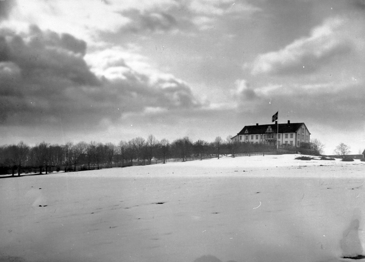 Anno Domkirkeodden, Eksteriør, hovedbygningen på Hoel gård, Nes, Hedmark. Lindealle, flagg, vinter.