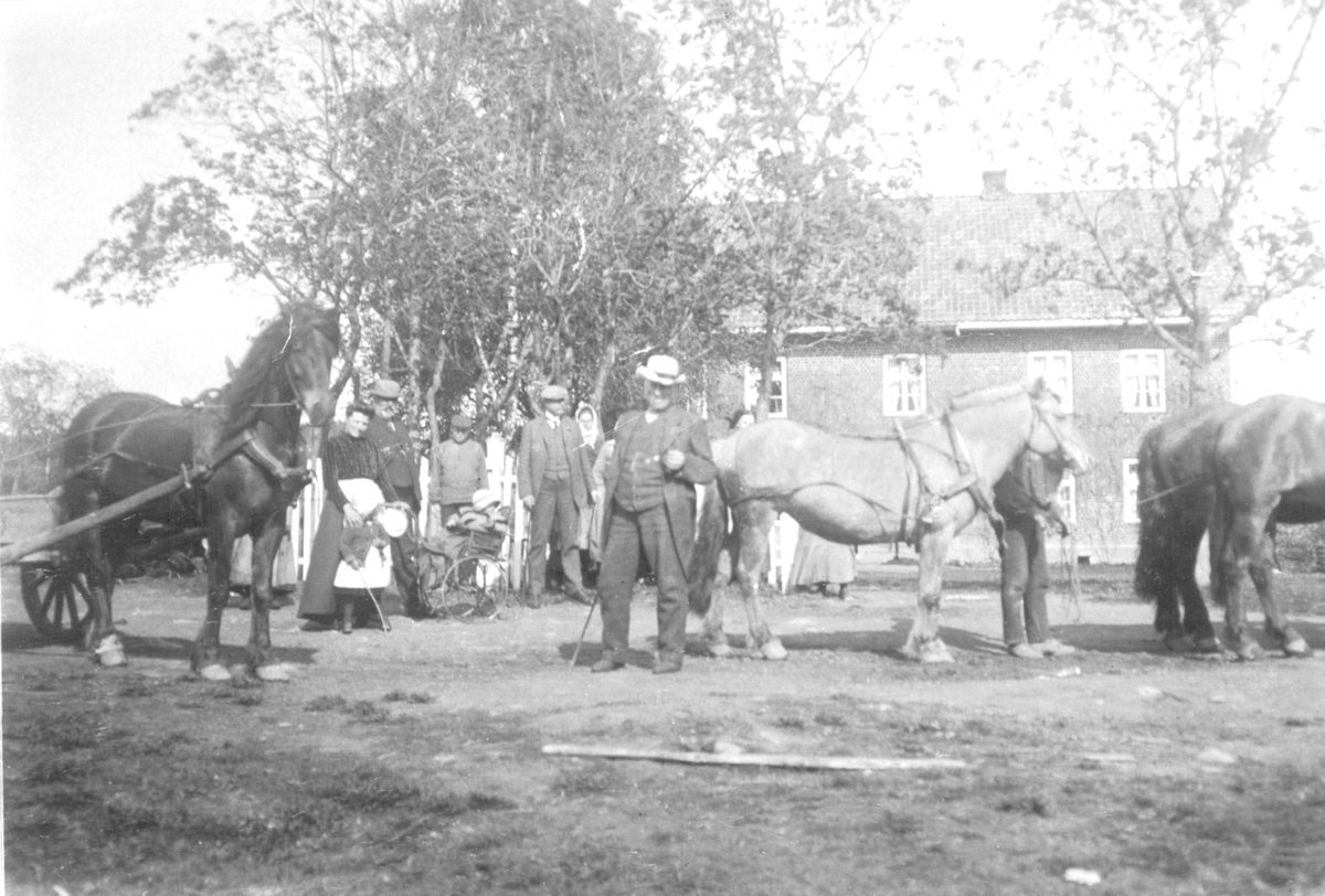 Anno Domkirkeodden, Sjølfolk, arbeidsfolk og hester foran hovedbygningen på Mellom-Kise, Nes, Hedmark.