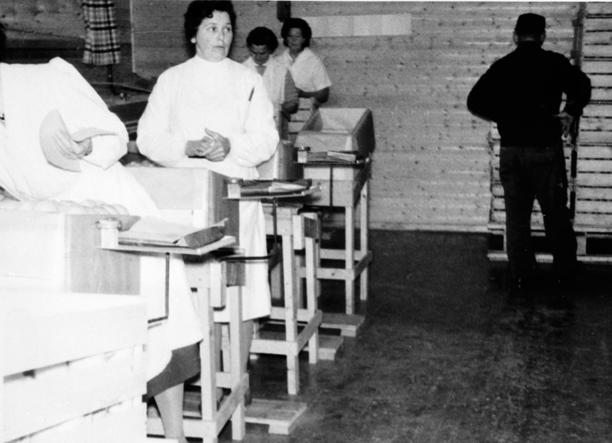 Anno Domkirkeodden, Eplepakking på Hoel gård, Nes, Hedmark. Ved pakkebordet er fra venstre Jenny Ekeberg, Ingrid ? Antonsen, Ingeborg Christensen, Oddbørg Niciolaysen.