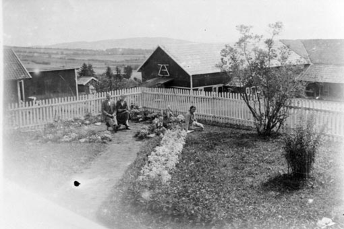 Anno Domkirkeodden, Fra prydhagen på Bjørnstad, Nes, Hedmark. I bakgrunnen er garasje, vedskjul, hønsehus, låve. I hagen sitter Anna Margrethe Feiring (1892-1980) med Haldora og Anders Eng.