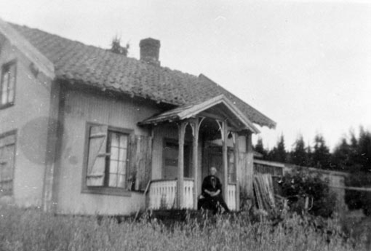 Anno Domkirkeodden, Anne Olsdatter Berg f.1853 foran huset på en husmannsplass under Kise nordre, Nes, Hedmark.