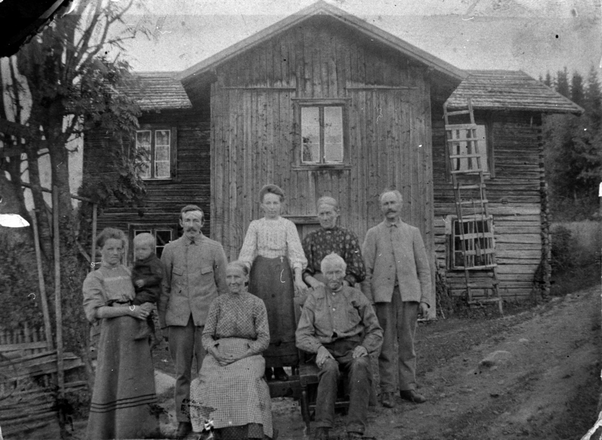 Anno Domkirkeodden, Eksteriør, hovedbygningen i Hauglien, Nes, Hedmark. Marte Haugom f.1888 med Einar f.1909, Ole f.1886, Marie gift Lund, Karoline Olsdatter f.1866, Even Haugom f.1861, Agnethe f.1847, Kristian Høiby-Hauglien f.1831.