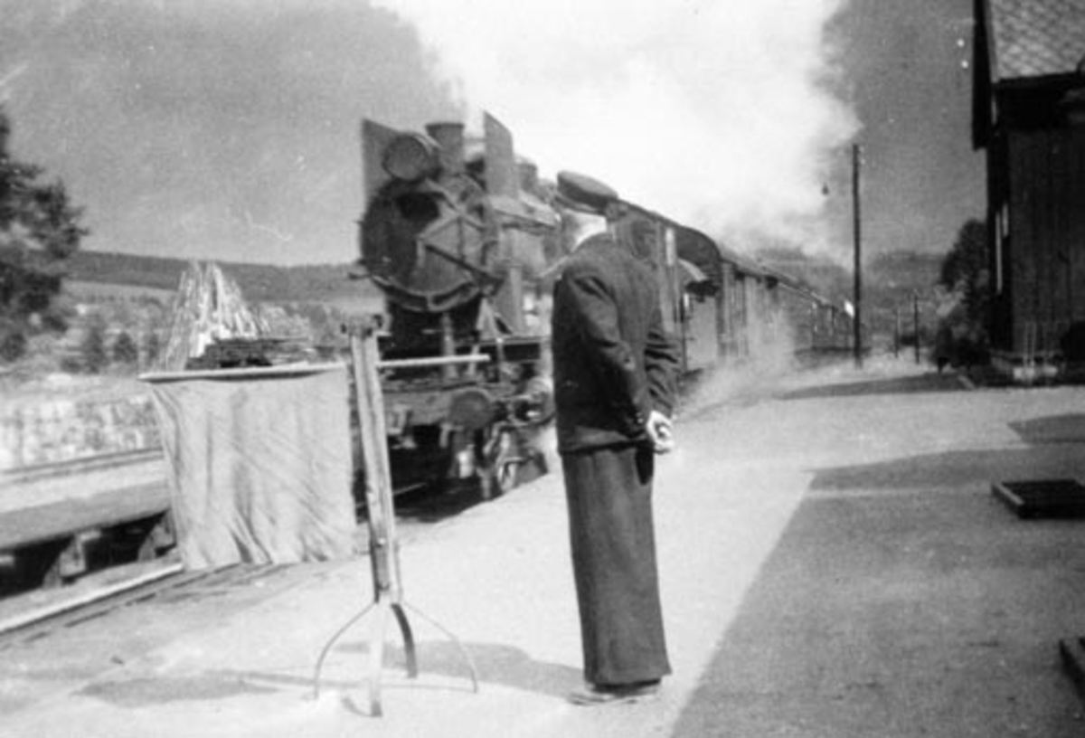 Anno Domkirkeodden, Rudshøgda jernbanestasjon, Dovrebanen, damplokomotiv,ukjent, jernbanemann, ukjent, signalflagg.