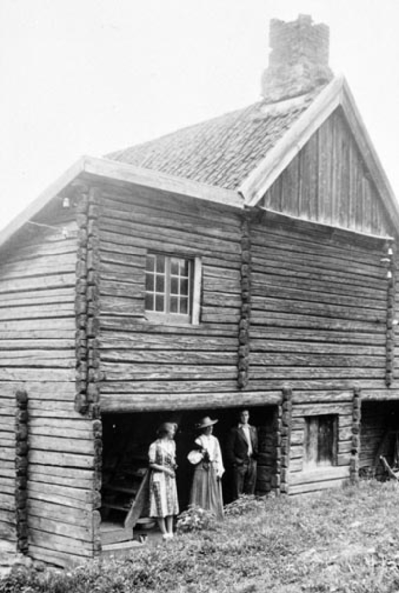 Anno Domkirkeodden, Eksteriør. Husmannsplassen Limstua, Grefsheim, Nes, Hedmark. De tre personene er fra venstre Lise Holm, Emilie Mellbye, Lennart Mellbye.