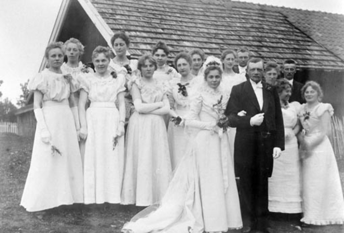 Anno Domkirkeodden, Brudebilde med brudepiker på Mølstad vestre, Nes, Hedmark. Brudeparet er Petra Andreasdatter Mølstad (1877-1960) og Even Berntsen Skinstad (1866-1935).